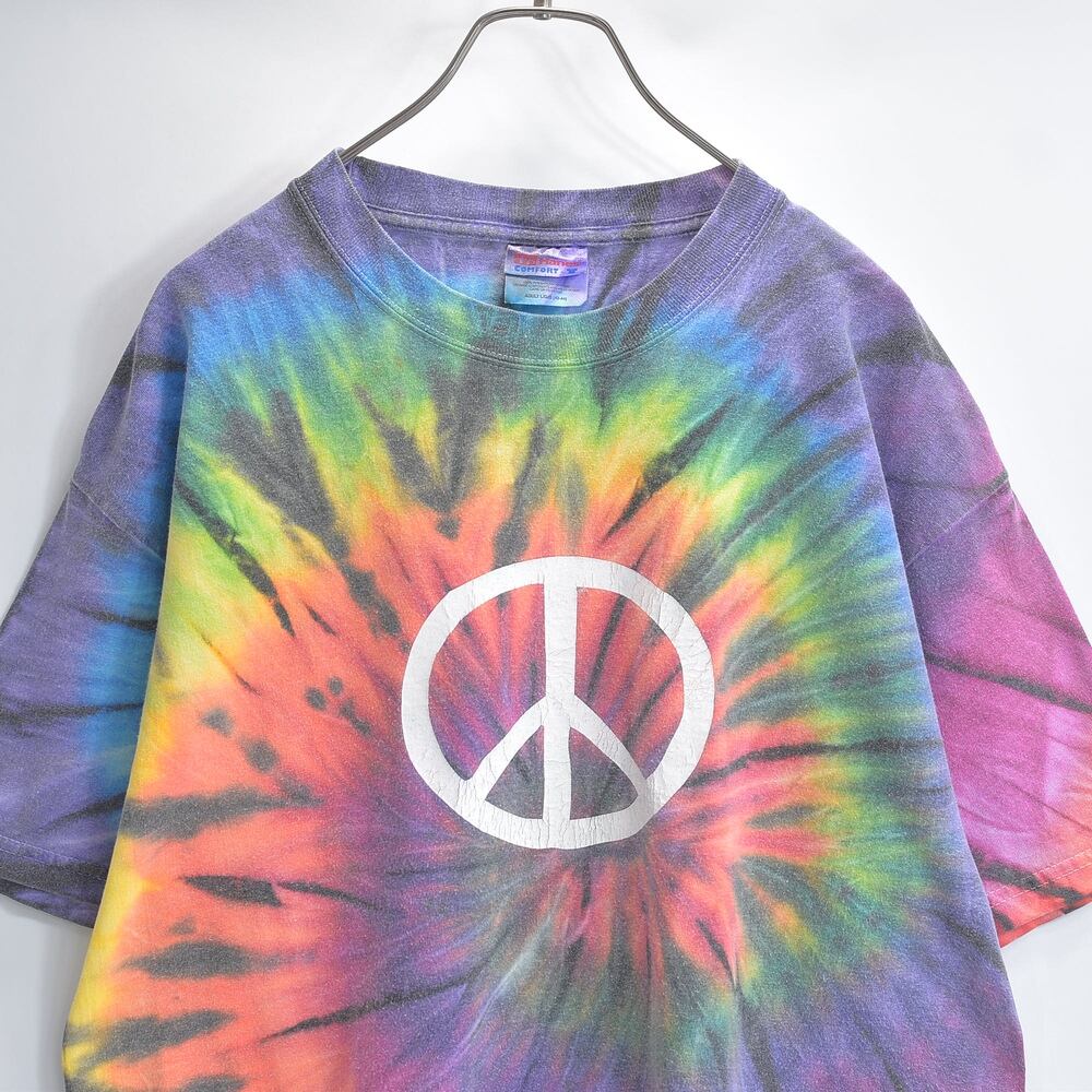 00s Hanes ヘインズ Tシャツ 半袖 タイダイ染め ピースマーク PEACE LOVE & TECHNOLOGY バックプリント ヒッピー レゲエ USED ビンテージ 古着 メンズ L(42-44)