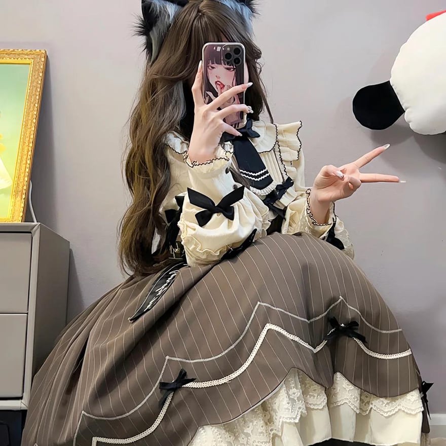 クラロリ ワンピース 長袖 重ね着風 アンティークリボン｜WithU