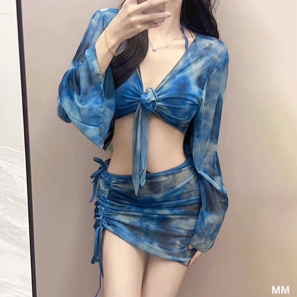 女性用絞り染めニットビキニセット,プリーツスカート付き長袖カバー