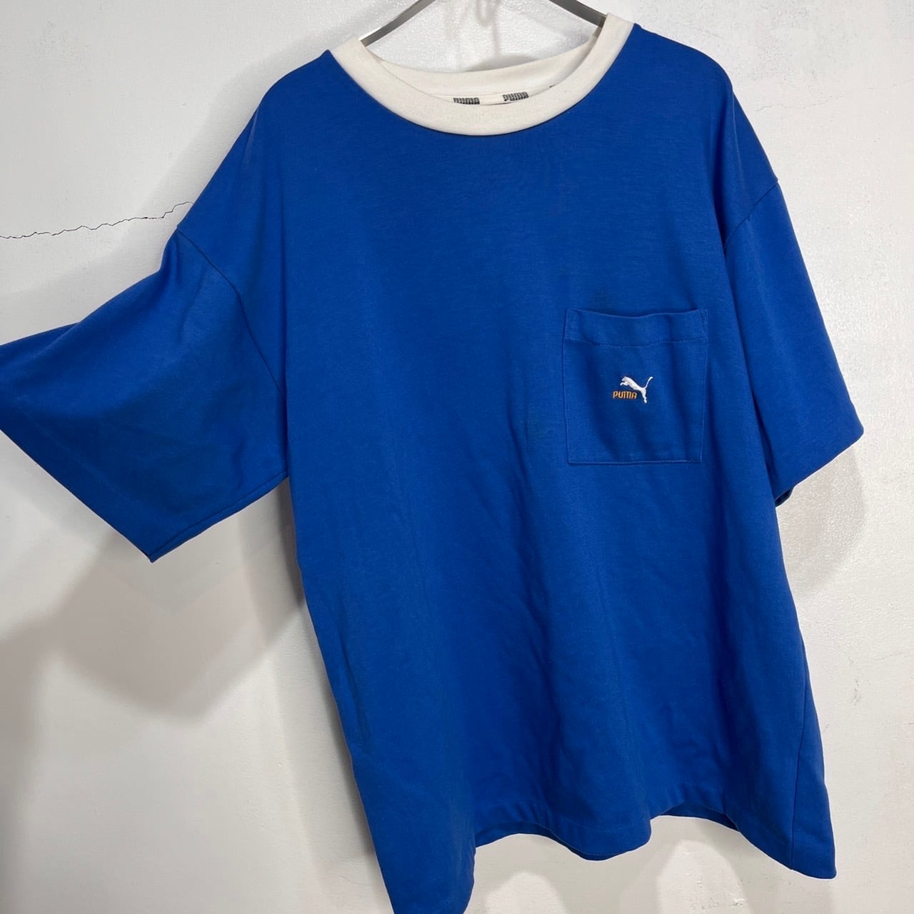 90s PUMA プーマ ワンポイントロゴTシャツ ポケT リンガー風 青 90s PUMA プーマ ワンポイントロゴTシャツ ポケT リンガー風 青