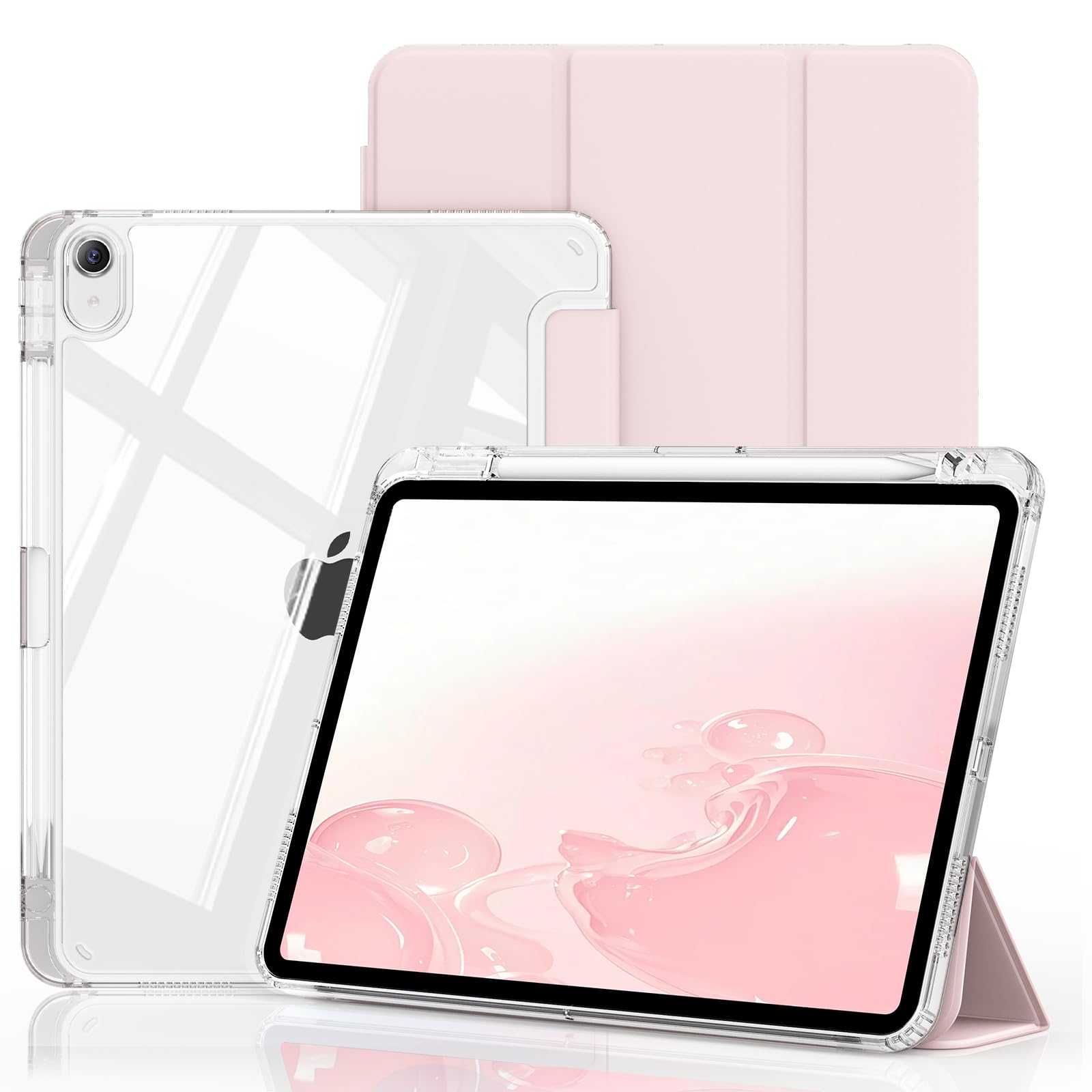 BQDIYOO iPad A16 第11世代 / 第10世代 対応 全面クリアケースのような 背面 三つ折りスタンド付き ソフトTPU縁 ペンシルホルダー内蔵 自動Wake/Sleep(ピンク)