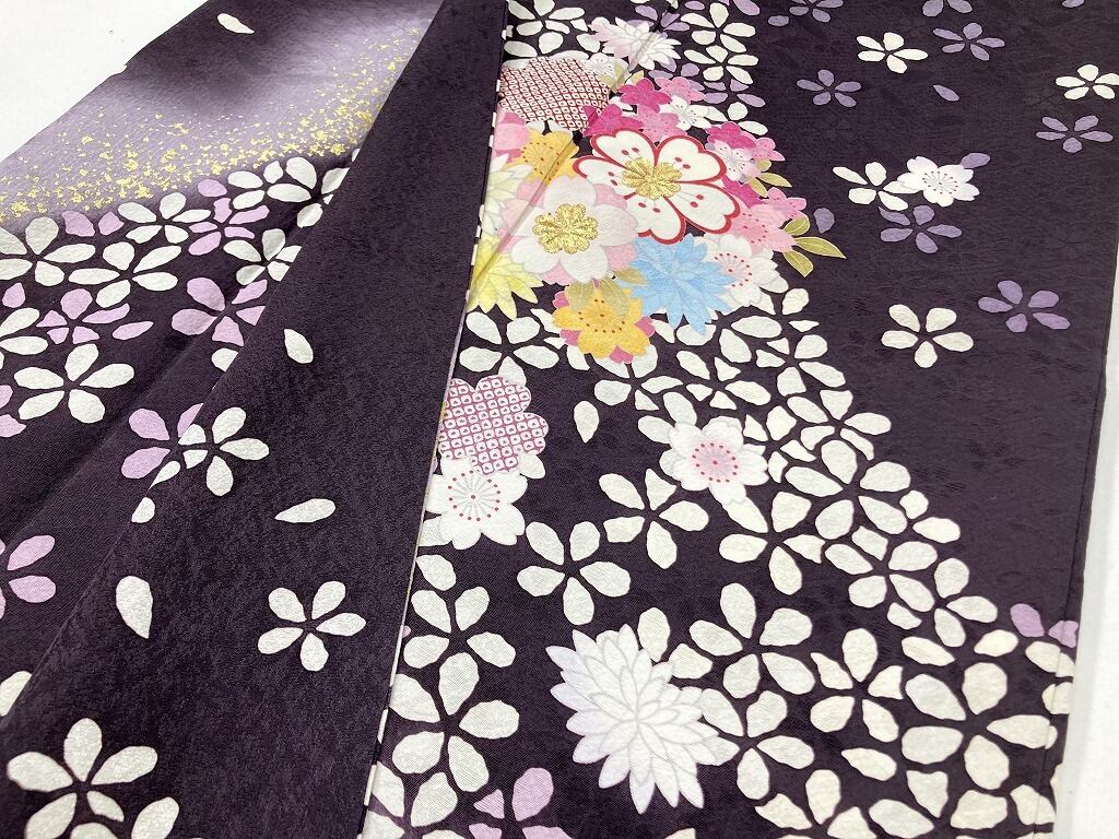 金駒刺繍 花づくし 桜 金箔 振袖 正絹 紫 濃色 黒 白 ピンク 038