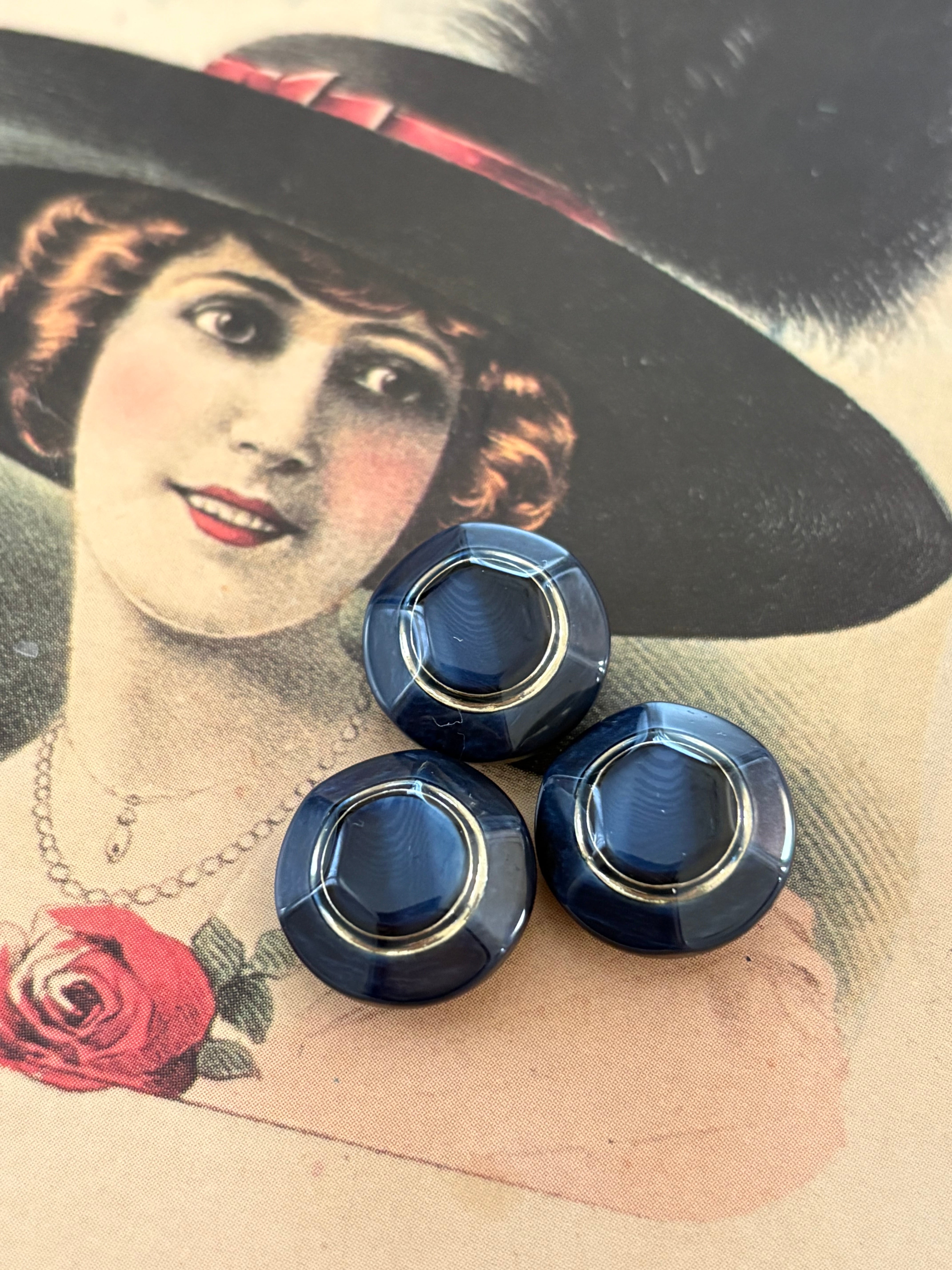 Japanese Vintageボタン レトロボタン 14mm ネイビー×ゴールド マーブル調 アクセサリーパーツ デコレーション材 レトロボタン