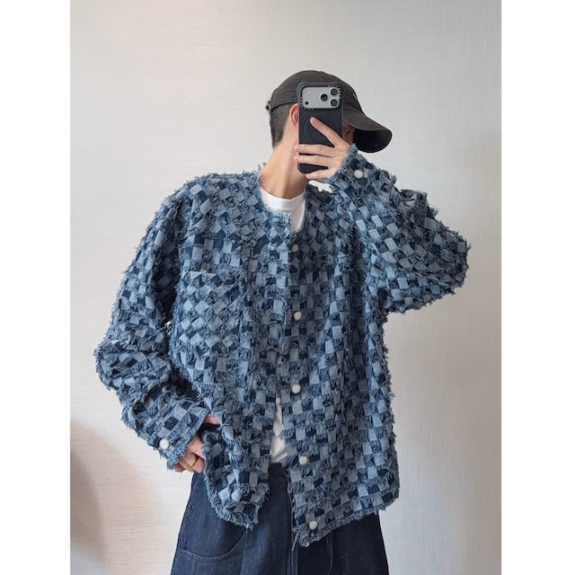 dannyandzeeウォッシュ加工フリンジノーカラーデニムジャケット