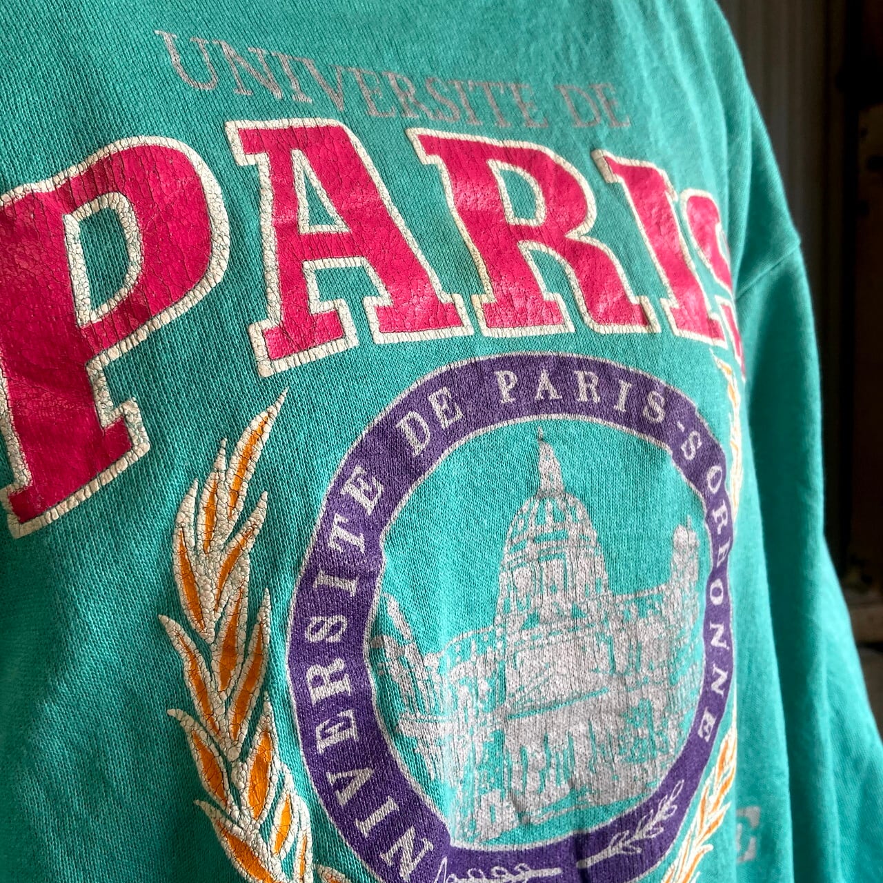 80年代 UNIVERSITE DE PARIS SORBONNE カレッジプリント スウェットシャツ メンズXL相当 古着 80S ヴィンテージ  ビンテージ パリ･ソルボンヌ大学トレーナー ミントグリーン 緑色【スウェット】【AL2109】 | cave 古着屋【公式】古着通販サイト