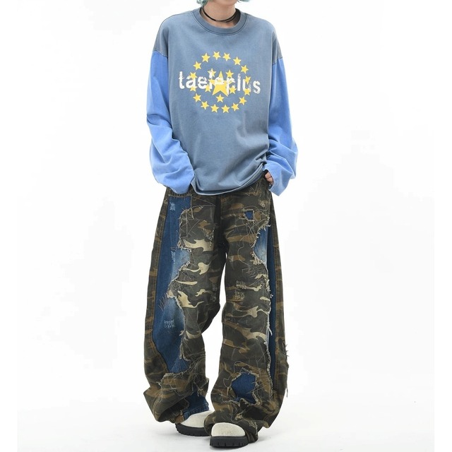 サークルスターカラーブロックウォッシュルーズTシャツ 2col R02634