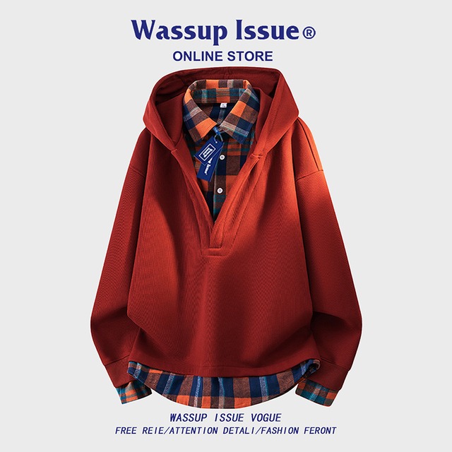 ♥チェック柄シャツパーカー！【WSシリーズ】★パーカー★ ユニセックス 4color トップス フェイクレイヤード チェック柄