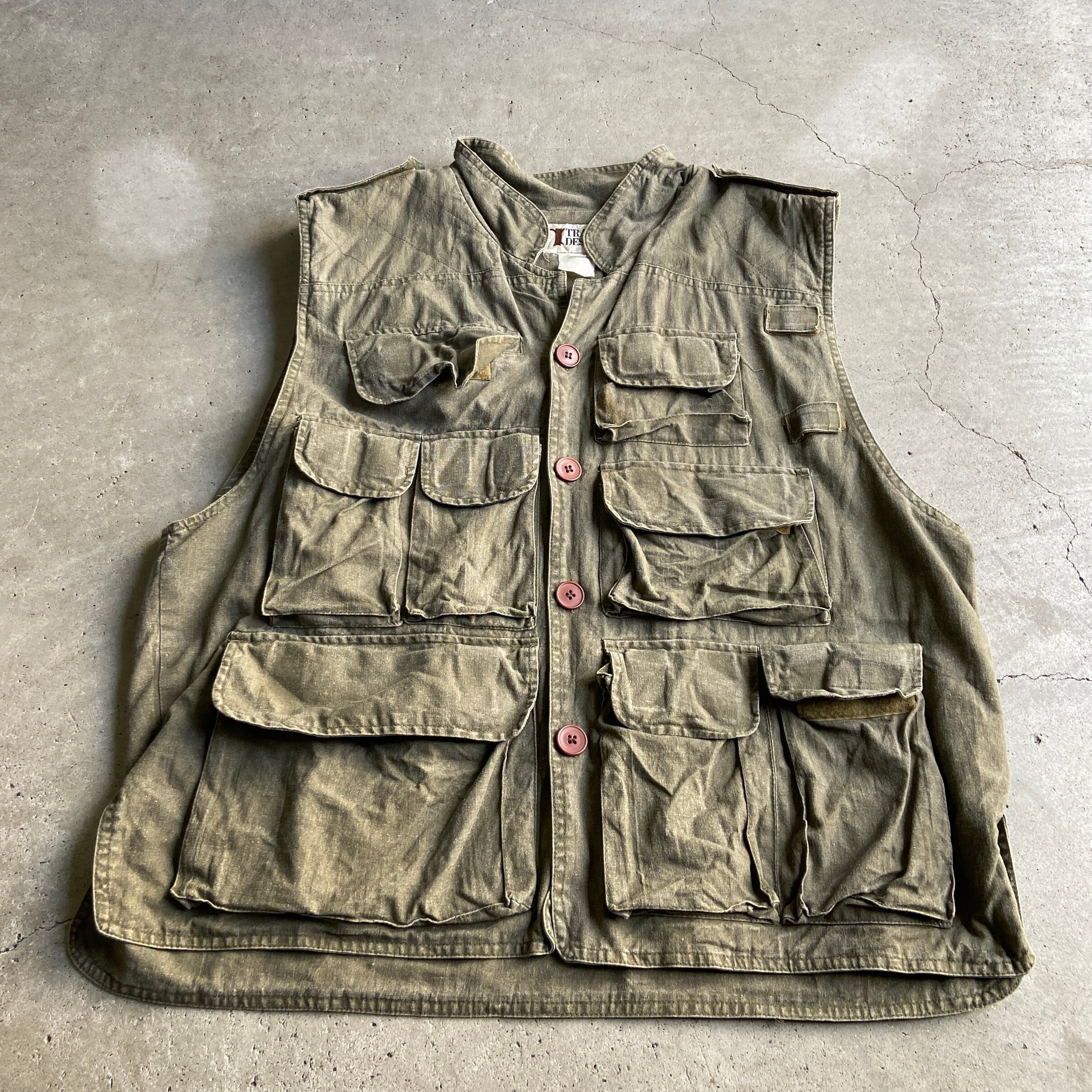 Trail Designs コットン ハンティング ベスト メンズl 古着 多ポケット 多機能ベスト カーキグリーン 緑 ベスト Cave 古着屋 公式 古着通販サイト