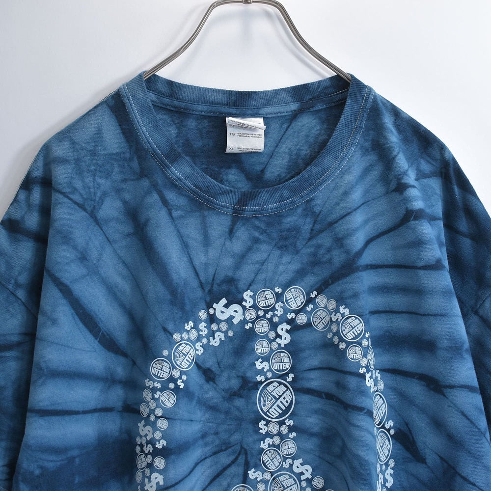 00s GILDAN ギルダン ニューヨークロトリー 宝くじ ピースマーク デザイン タイダイ染め Tシャツ アートT プロモT 販促用 青 ヴィンテージ 渦巻き ビンテージ USA アメリカ古着 メンズXXL相当