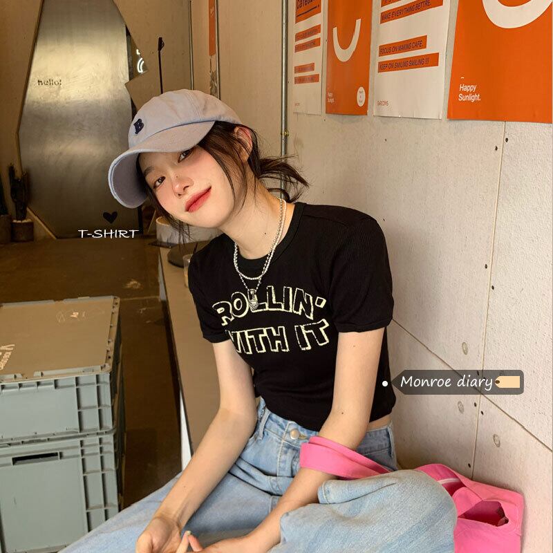 ブラックスリムショートTシャツ サマークロップドトップス コットン 夏物 ピュア モンロー78923280809