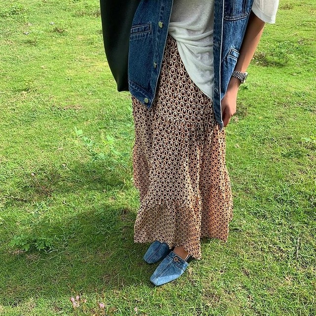 retro print long skirt　10518