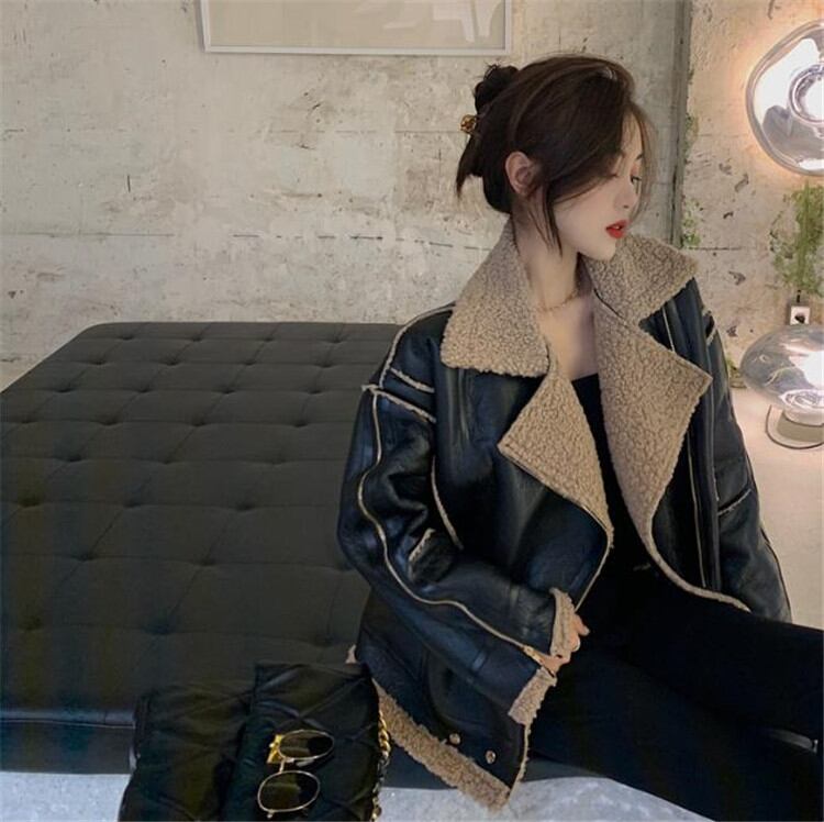 通勤する 冬 韓版 PUレザー ジャケット ラペル 子羊の髪 暖かい デザインセンス アウトドア 原宿BF風 気質