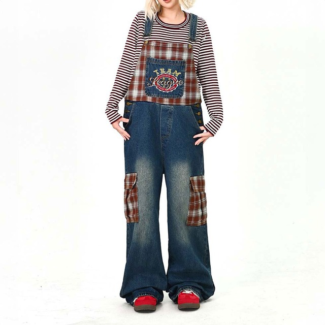 チェックパッチロゴアクセントサロペット   R01478