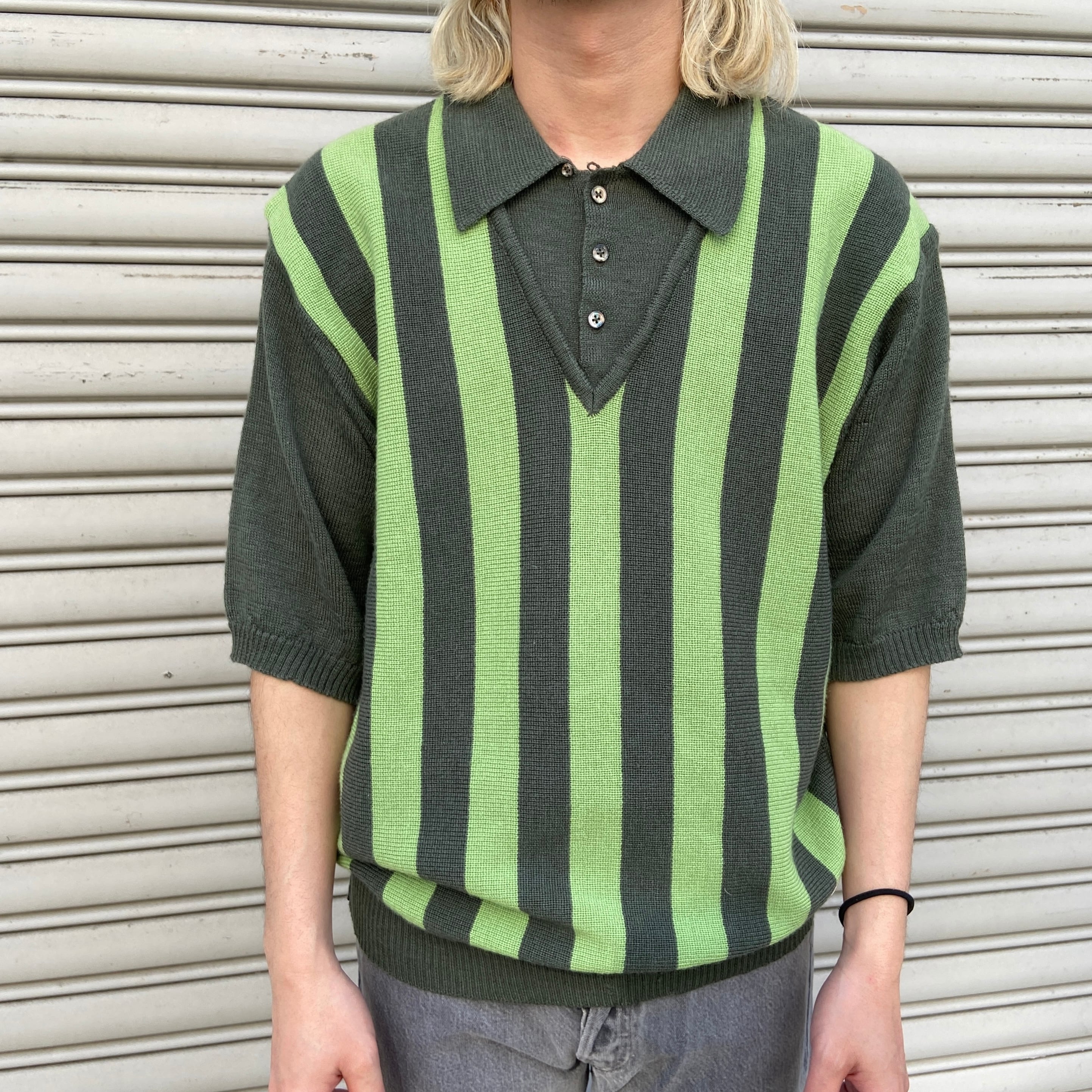 90s☆シルバータブ☆リーバイス☆ストライプ柄ニットポロシャツ☆グリーン☆XL 90s シルバータブ リーバイス ストライプ柄ニットポロシャツ