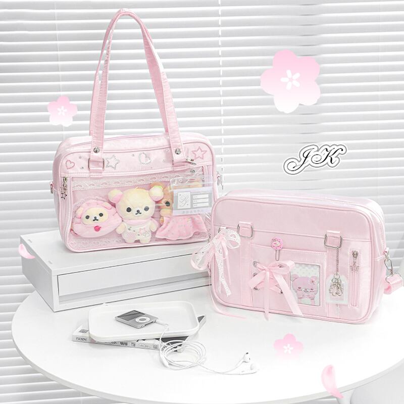 2Way透明デコ×リボン装飾 JK痛バッグ|推し活・通学・イベント対応ショルダー&ハンドバッグ