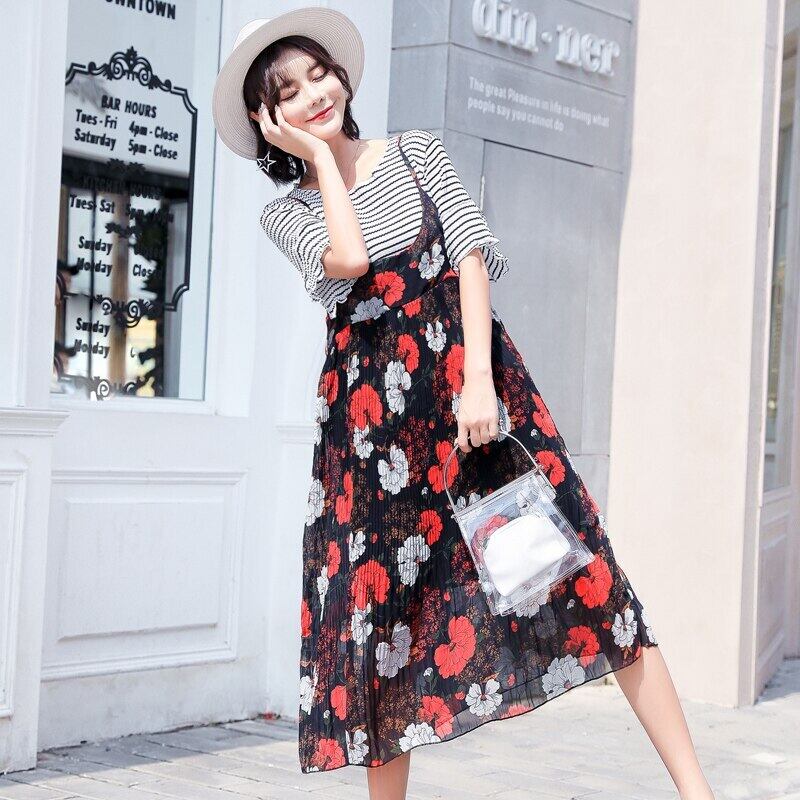 【新作】【送料無料】 マタニティ2枚ドレスセットストライプTシャツとフローラルスロップワンピースセット 花柄 AL expec330668350887