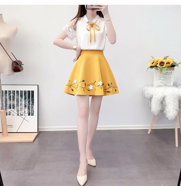 ツーピースセット 丸襟 半袖 お花トップス+ミディ丈スカート セットアップ ツーピース 半袖 ブラウス レース シースルー