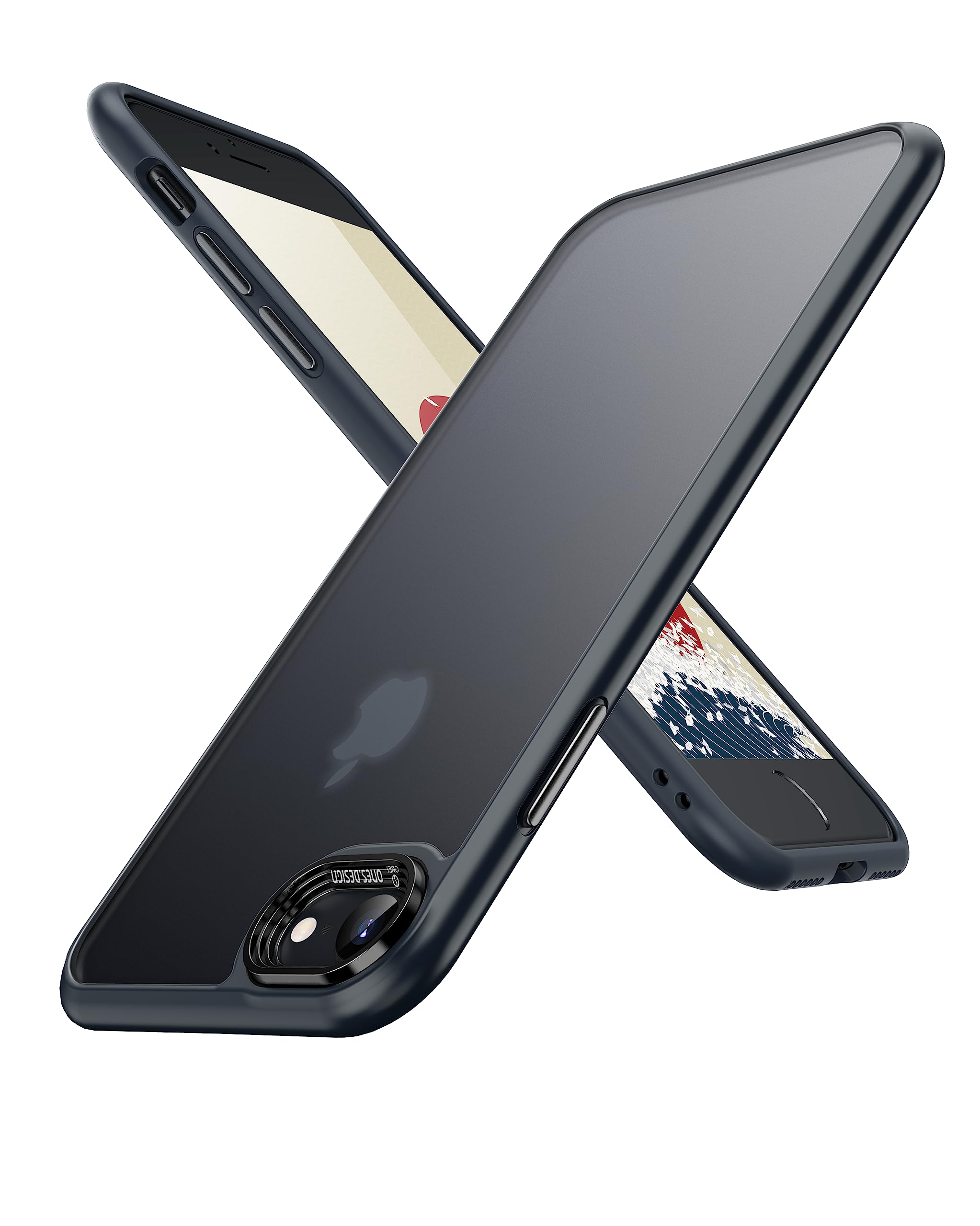 ONES 艶消し iPhone Se3 Se2 Se 8 7 ハードケース 【 強化レンズ保護、合金ボタン、エアバッグ 】● 米軍MIL規格 超耐衝撃 【 黒·衝撃吸収シリコンバンパー ✚ 半透明·マット感·強化PCガードボード 】 指紋防止 滑り止め 画面保護 すり傷防止 黄変防止 つや消し Qi充電 薄型 レコード盤風 高級 カバー