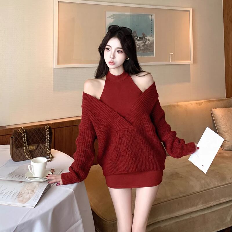 【set】ノースリーブニットワンピース×Vネックニットトップスセット Q8019