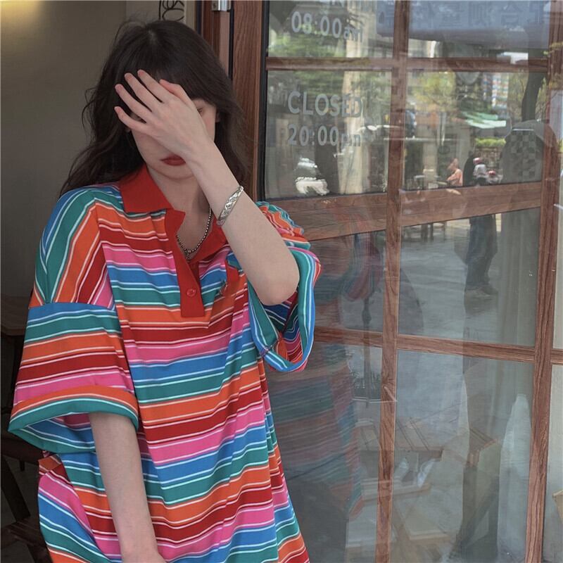 ルーズストライプTシャツ サマーカジュアルトップス 夏物 モンロー72410133256