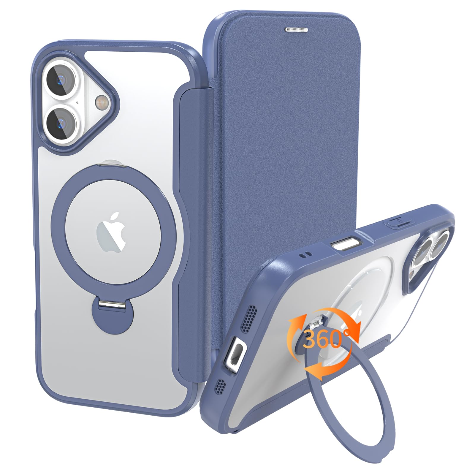 【実用性が高い手帳型】 iPhone 17 用 ケース 手帳型 2枚カード収納 背面クリア 360度回転するMagSafeリングが超便利 軽い 薄型 耐衝撃 全面保護 縦横両対応 レザー素材 マグセーフ対応 おしゃれ 青