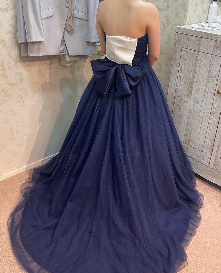 カラードレス ネイビー ソフトチュール ベアトップ バックリボン  