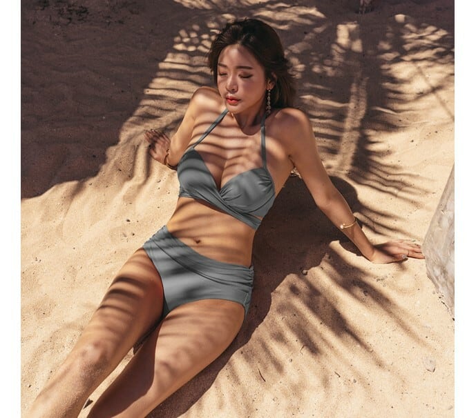 水着 ビキニ ホルターネック クロス シック 無地 ハイウエスト