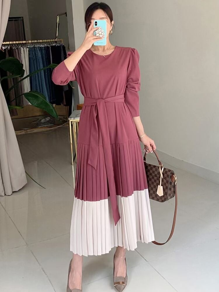 配色プリーツワンピース　AJ22240-106