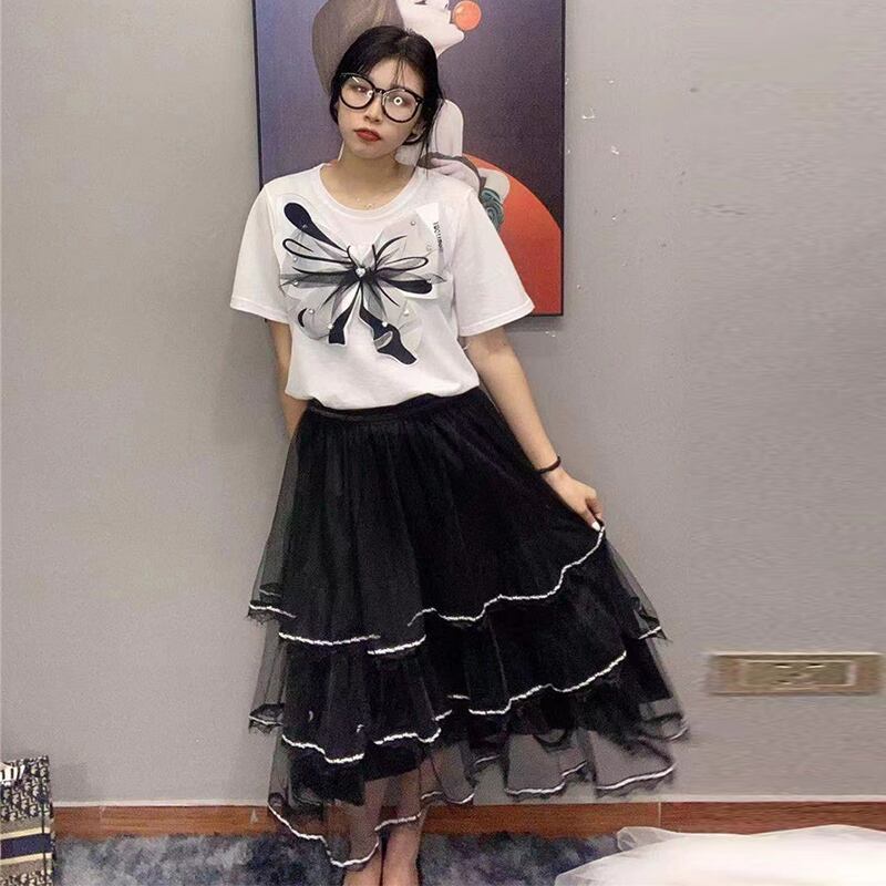 ラウンドネックラインストーンリボンTシャツ メッシュスカート Oネック ミックスインファッション91936307125