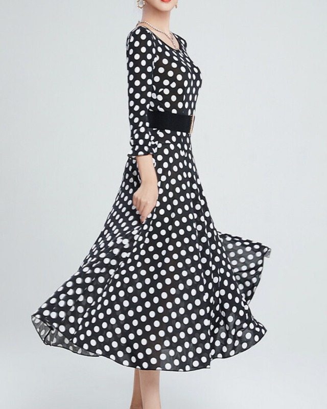 ウエストベルト ロングスリーブ ミモレフレア ドットワンピース  ds1460