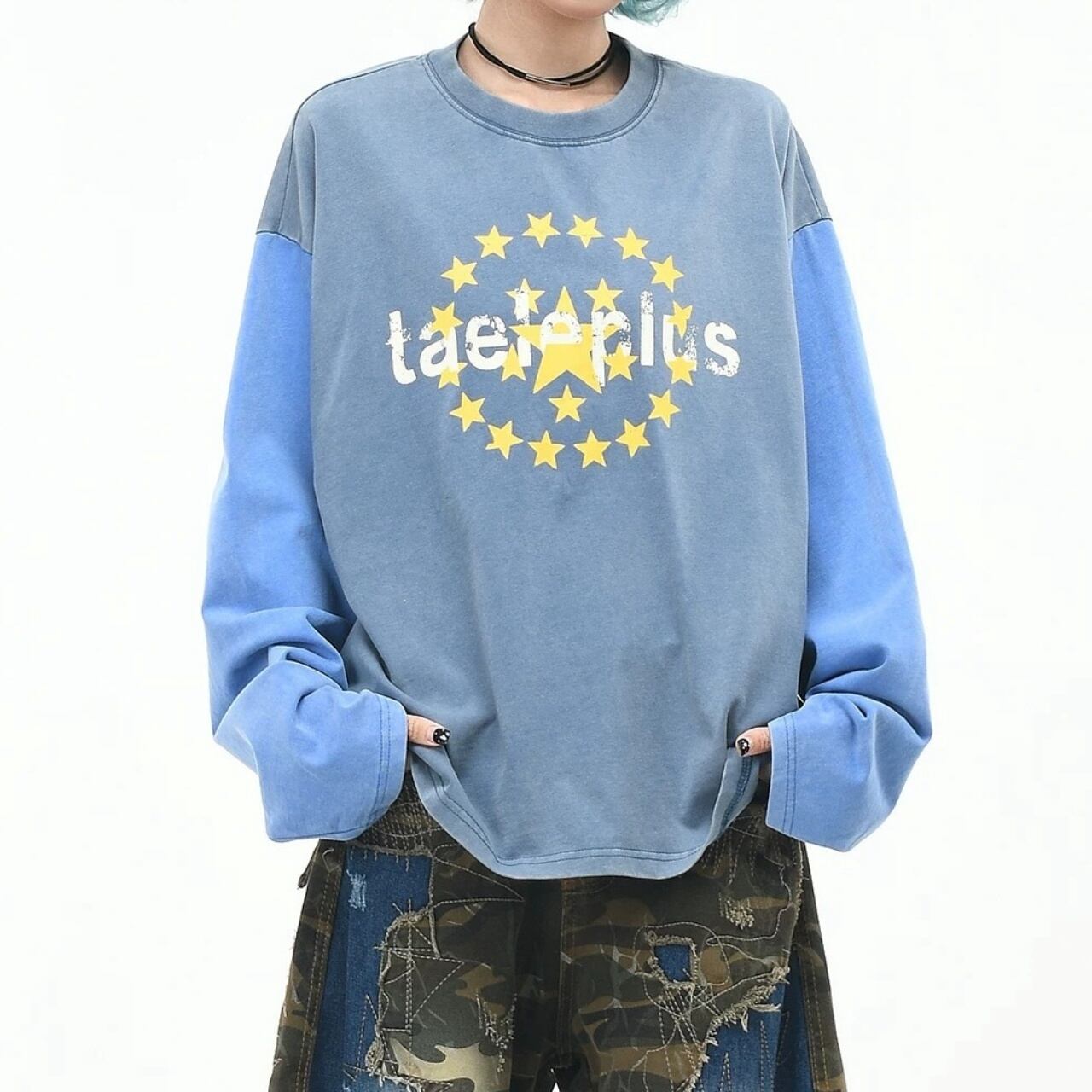 サークルスターカラーブロックウォッシュルーズTシャツ 2col R02634
