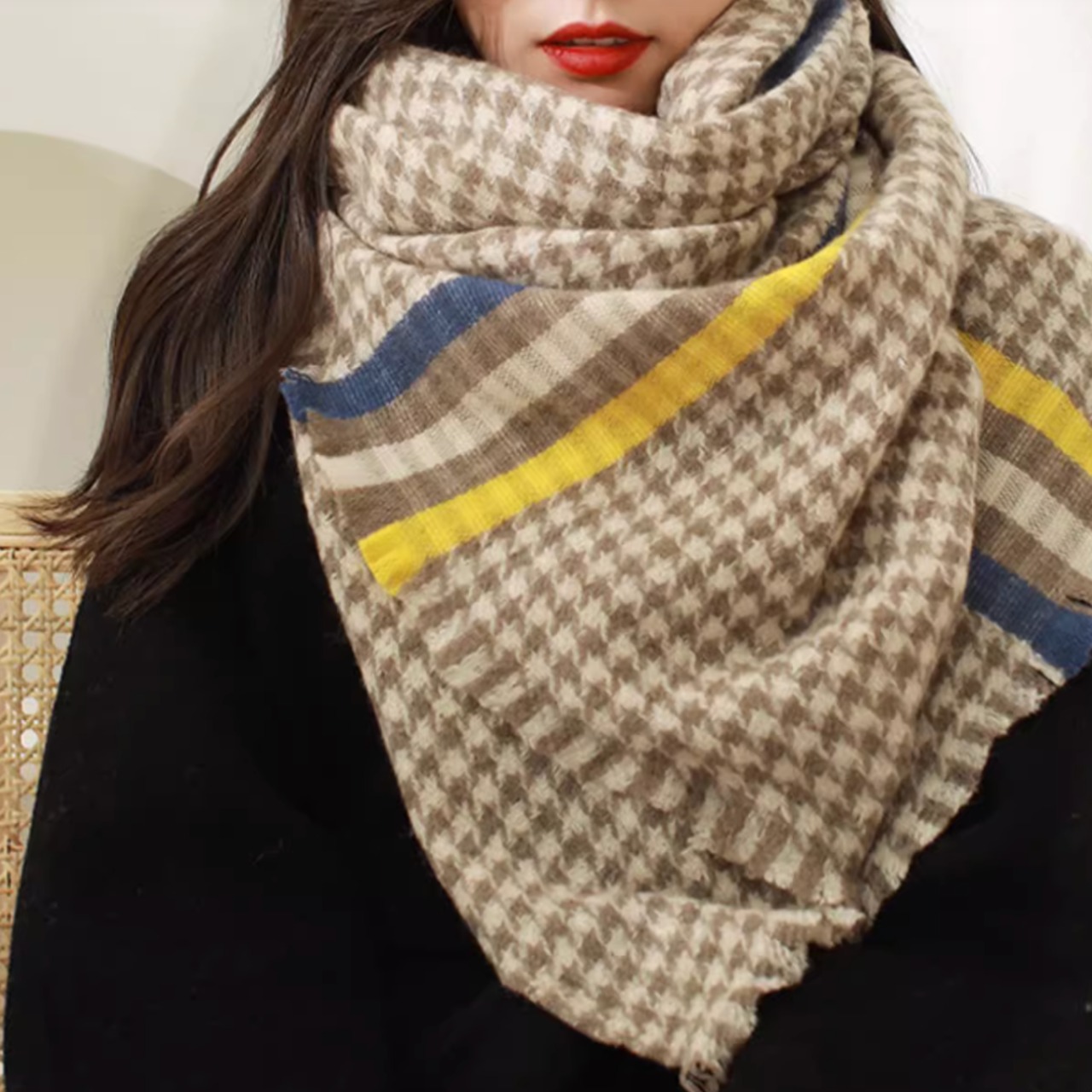 千鳥格子柄 ウール混紡 フリンジ付き マフラー 00039・画像3