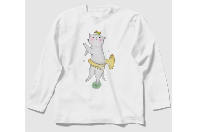 ホルン猫の長袖Ｔシャツ(白)