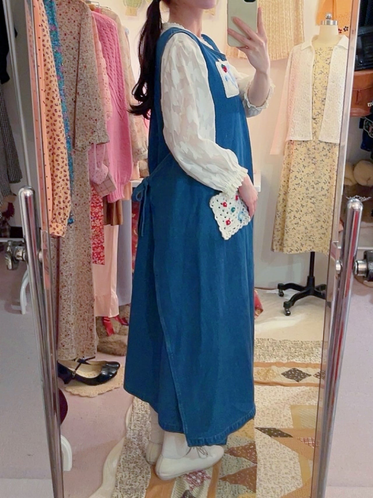 remake ✂︎ blue ribbon frill pocket jumper skirt