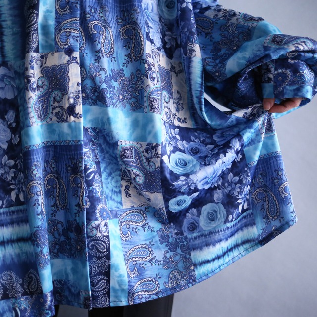beautiful blue flower and paisley pattern over wide silhouette shirt