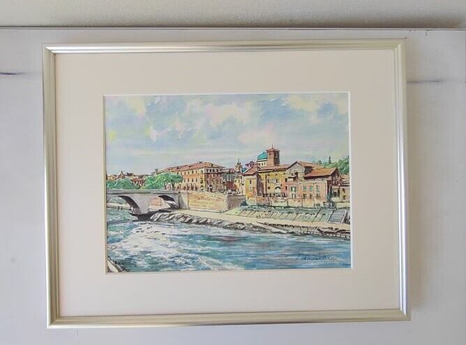 川勝茂弘「 ローマ・テレべ川」（イタリア） 水彩画 額縁外寸53.0x41
