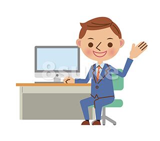 イラスト素材:デスクでパソコンを使うビジネスマン/振り返って説明(ベクター・JPG)