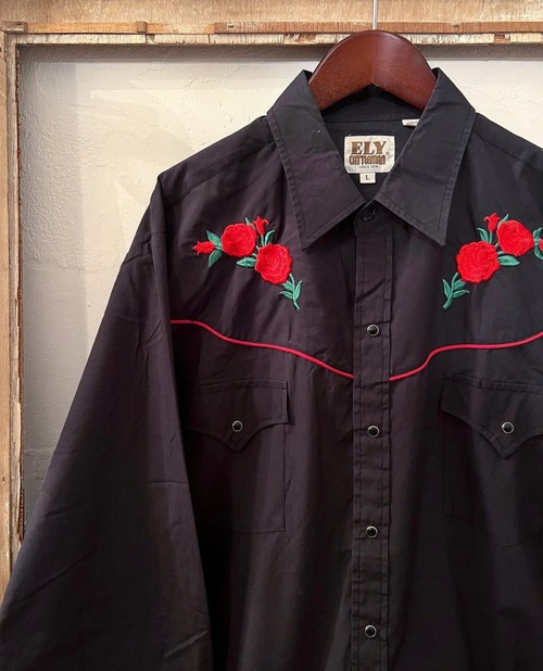 70's〜 "ELY CATTLEMAN" rose embroidery design cotton western shirts 【L】