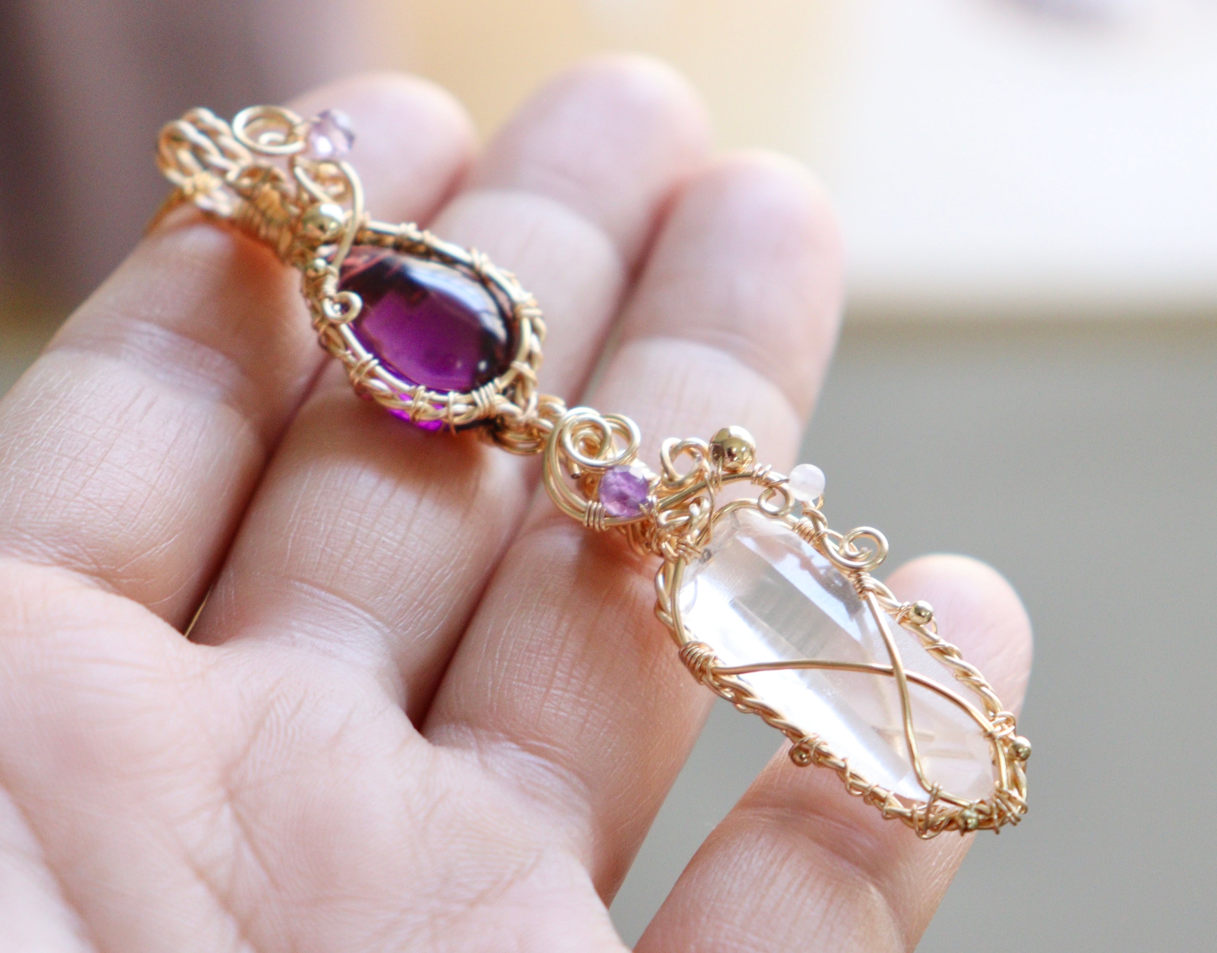 アンダラクリスタルとアメジストのワイヤージュエリーネックレス✧2月