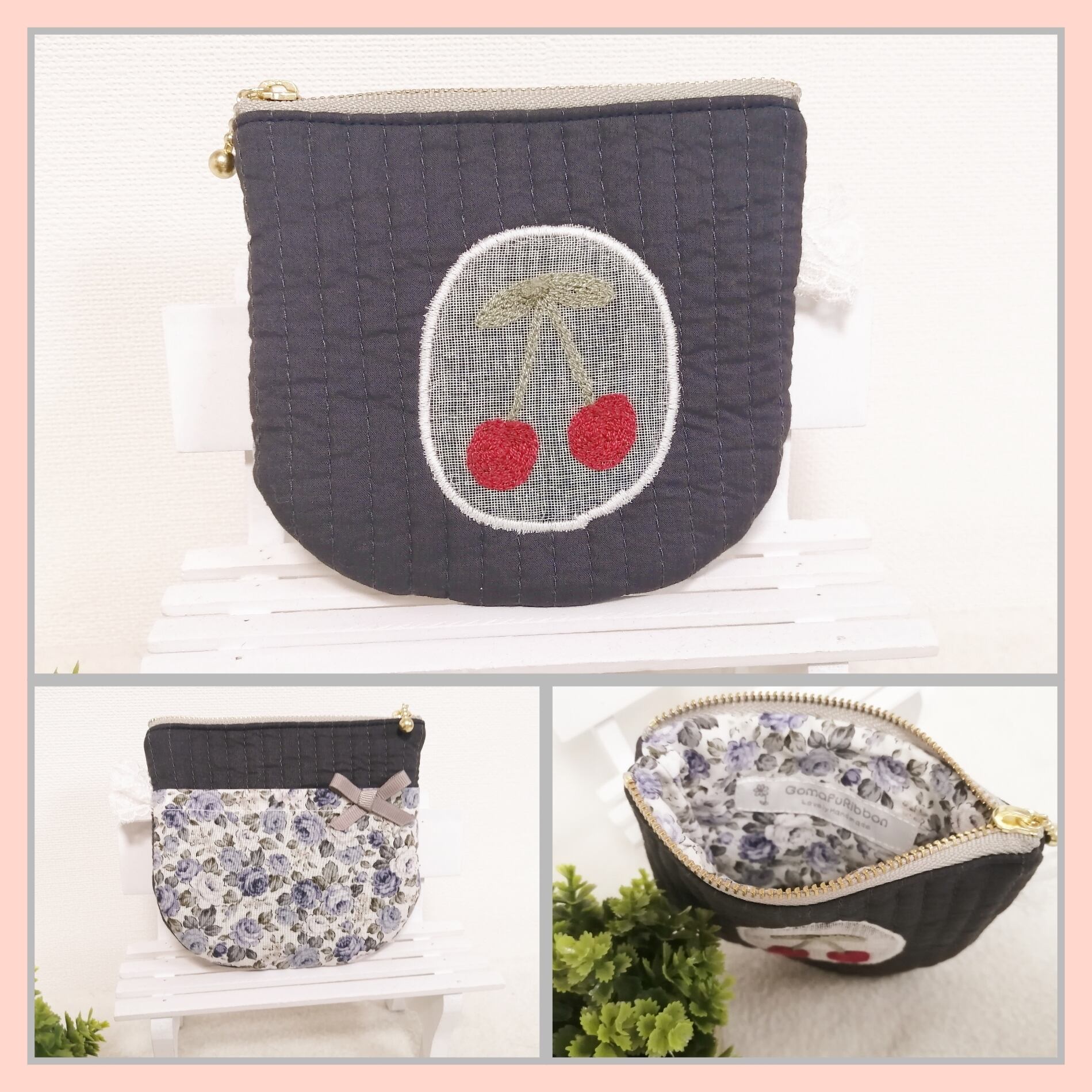 さくらんぼアップリケのふわふわポーチ 紺色*ブルーフラワー ヌビキルティング