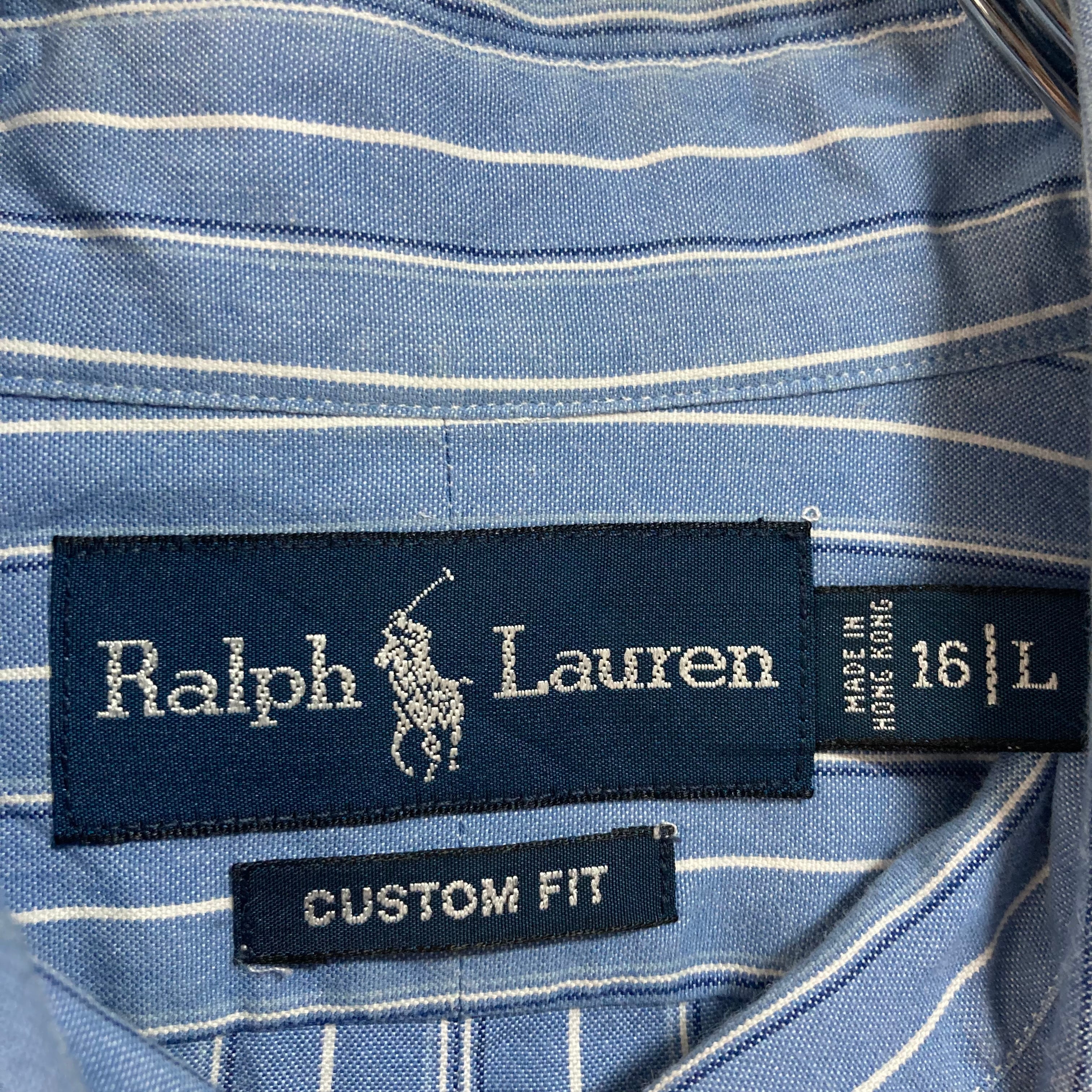 【Ralph Lauren】L/S Stripe BD Shirt L相当 90s ラルフローレン ストライプ BDシャツ ボタンダウン 長袖  ポニーロゴ 刺繍ロゴ 胸ロゴ USA アメリカ 古着
