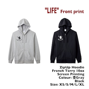 "LIFE" #20 ZipUp Hoodie 杢Gray / Black フロントプリント