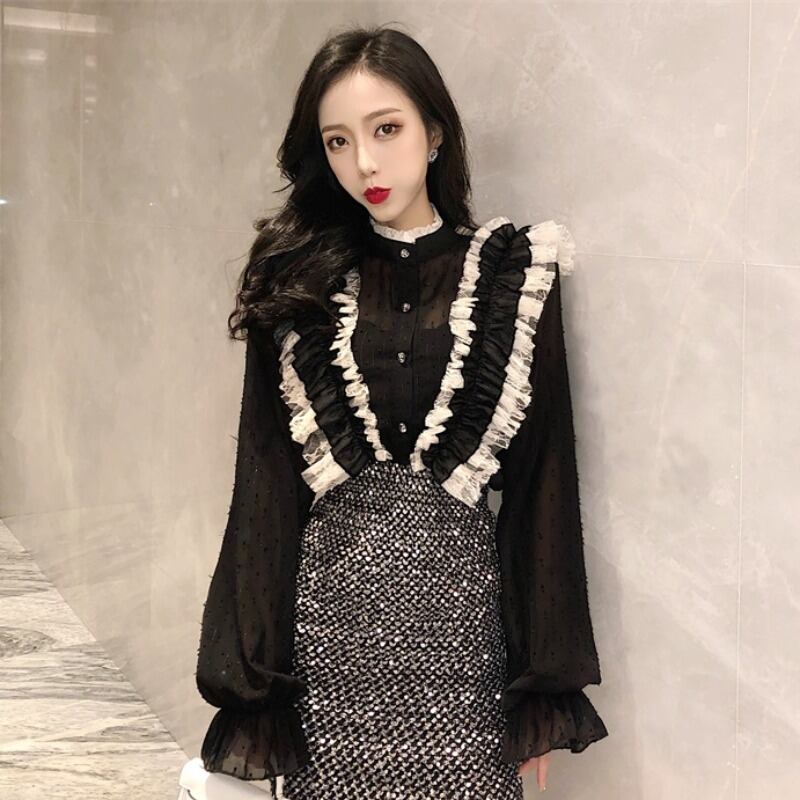 シャツ レディースルーズスプリングスタンドカラーカラースリーブホワイトシフォン 大人ガーリー スウィート キュート カジュアル 春物 YY-ファッション80935919056