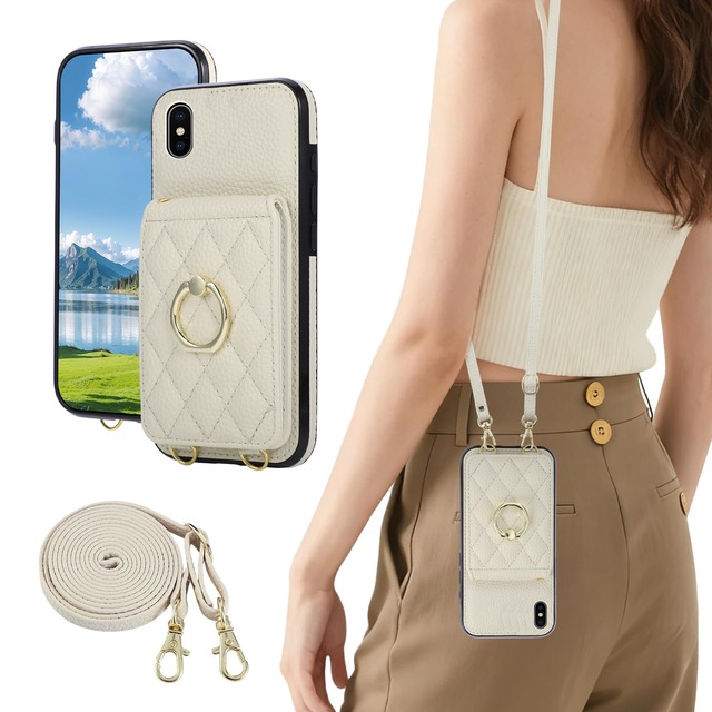 KW-LINK iPhone XS ケース 手帳型 ショルダー iphone X ケース ショルダー リング付き スマホケース iphonexsケース手帳型 おしゃれ 背面カード収納 横置きスタンド機能 いphone10s に適用 背面ケース可愛い 女性 人気 肩掛け 斜め掛け 財布型 携帯カバー(ベージュ)