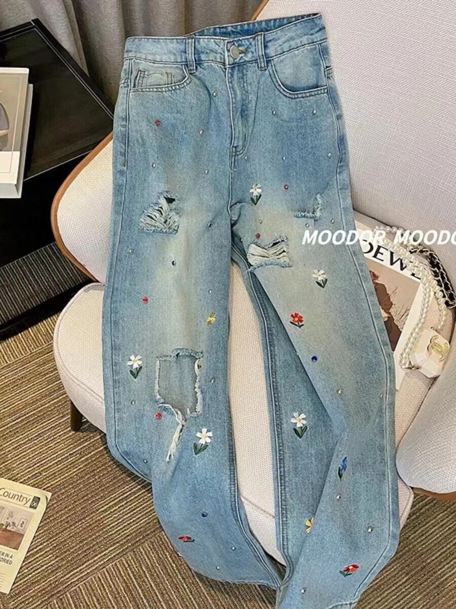 ストレートデニム 星型刺繍 楽天市場】♪M~2XL展開♪星柄 刺繍 デニム ズボン ボトムス