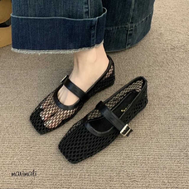 メッシュ スクエアトゥ ストラップ シューズ 4color 26075