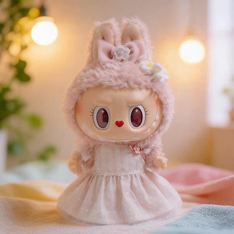 38cm Labubu用 フラワー チュールワンピース+リボンヘアアクセサリー