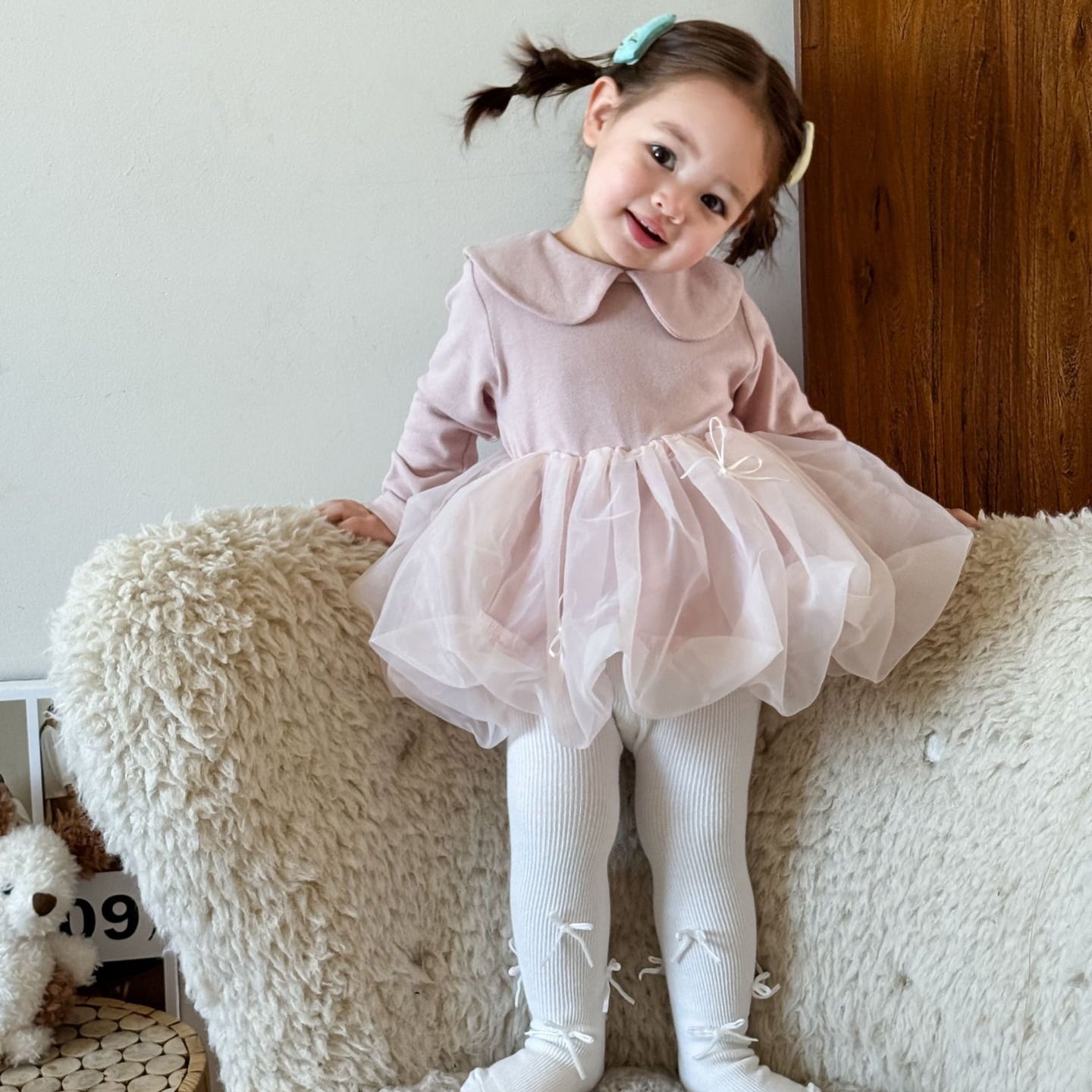 ,ベビー幼児女の子ふんわりチュール付き長袖ワンピース くすみピンク 丸襟 かわいい子供服 結婚式誕生日 lwa0014