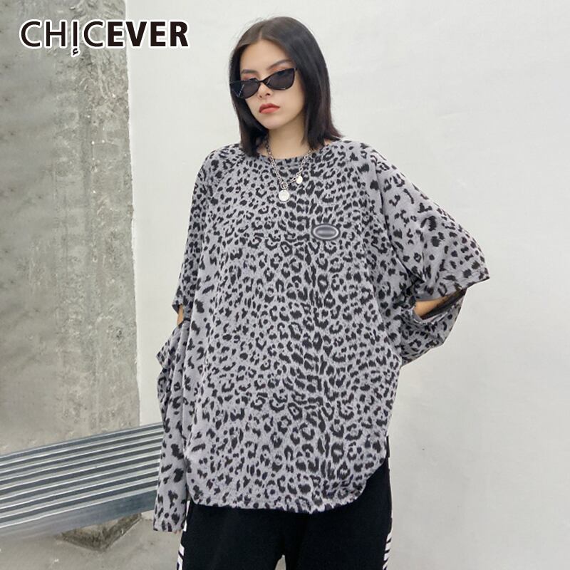 CHICEVERヒョウTシャツレディースOネック長袖中空アウトホールプリントヒットカラー特大ルースTシャツ2020タイド ロング 6base569266241170