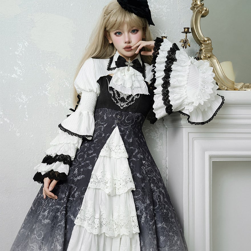 サブカル 服 地雷系 通販 長袖シャツ フレアスリーブ ワンピース ドレス フリル 姫袖 ゴスロリ 大人ゴシック ベビードール 量産型